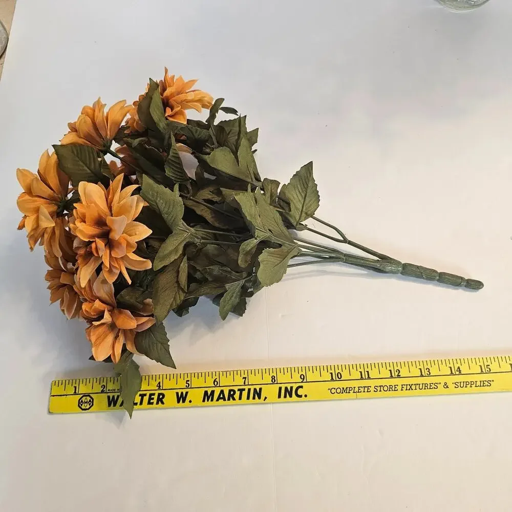 Artificial Tan Mum Flower Bushes Lot 2 15in Silk Chrysanthemum Fall Floral Decor